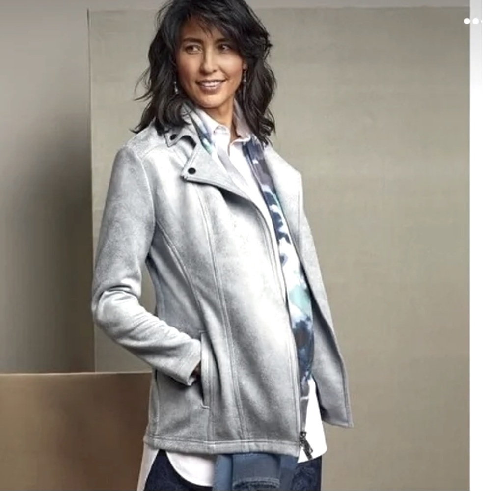 Chico’s Elongated Faux Suede Moto Jacket - Gray Mist.  Size 3 NWT